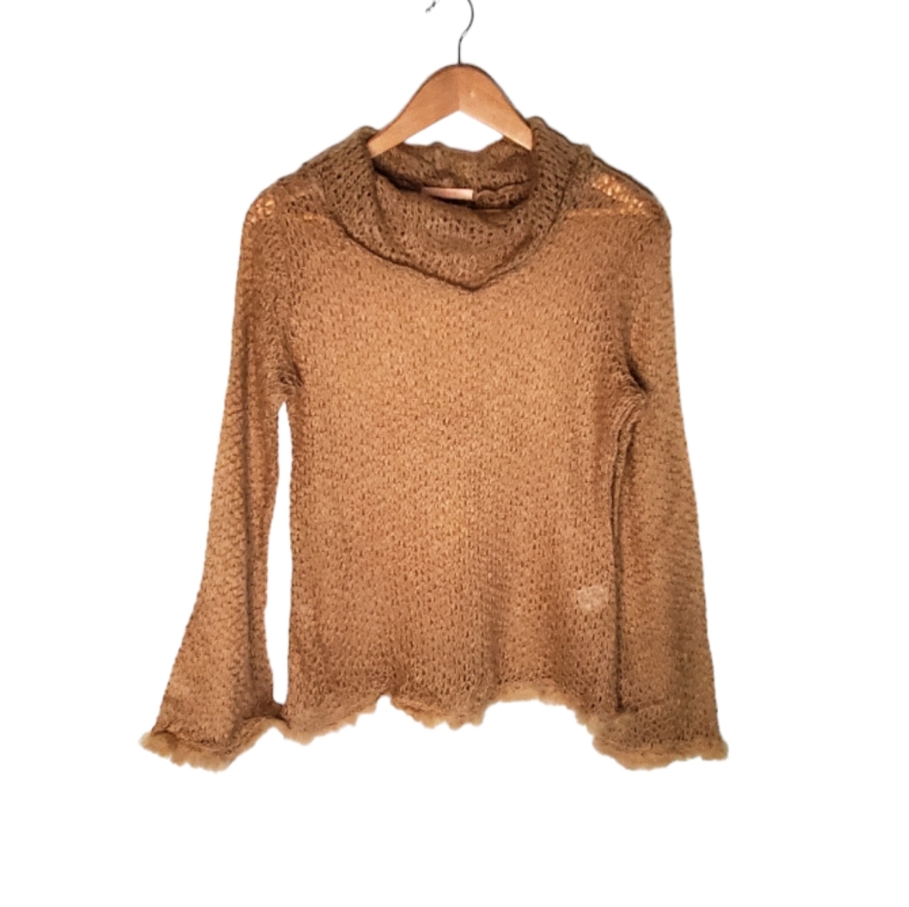 Boho Tan Camel Open Knit Cowl Neck Long Sleeve Sweater with Bell Sleeves
